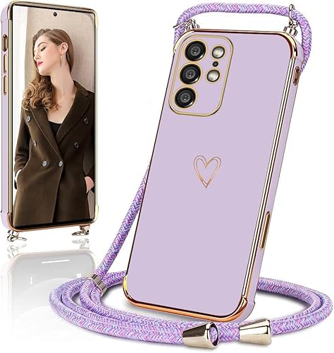 E-Lush Handykette für Samsung Galaxy S22 Ultra Hülle mit Band, Handyhülle für Samsung S22 Ultra mit Kette Schutzhülle Herz Love Muster Galvanik Silikon Stossfest Case mit Kordel zum Umhängen, Lila von E-Lush