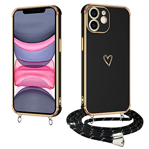 E-Lush Handykette für iPhone 11 Hülle mit Band, Handyhülle für iPhone 11 mit Kette Schutzhülle Herz Muster Galvanik Silikon Stossfest Case mit Kordel zum Umhängen Kameraschutz Cover, Schwarz von E-Lush