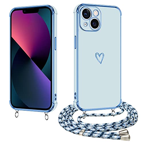 E-Lush Handykette für iPhone 13 Hülle mit Band, Handyhülle für iPhone 13 mit Kette Schutzhülle Herz Muster Galvanik Silikon Stossfest Case mit Kordel zum Umhängen Kameraschutz Cover, Blau von E-Lush