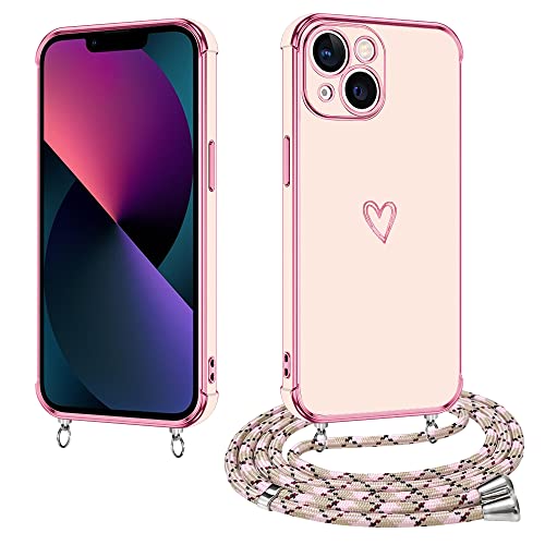 E-Lush Handykette für iPhone 13 Hülle mit Band, Handyhülle für iPhone 13 mit Kette Schutzhülle Herz Muster Galvanik Silikon Stossfest Case mit Kordel zum Umhängen Kameraschutz Cover, Roségold von E-Lush