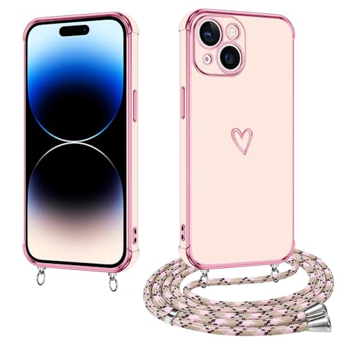 E-Lush Handykette für iPhone 15 Hülle mit Band, Handyhülle für iPhone 15 mit Kette Schutzhülle Herz Love Muster Galvanik Silikon Stossfest Case mit Kordel zum Umhängen, Roségold von E-Lush