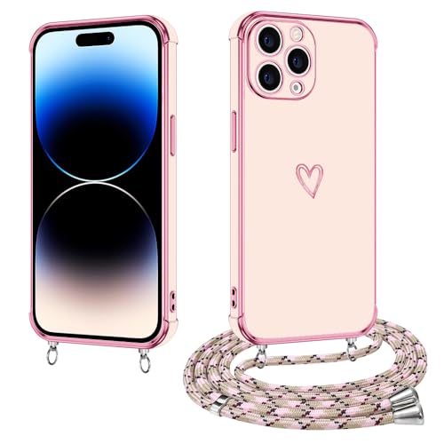 E-Lush Handykette für iPhone 15 Pro Hülle mit Band, Handyhülle für iPhone 15 Pro mit Kette Schutzhülle Herz Love Muster Galvanik Silikon Stossfest Case mit Kordel zum Umhängen, Roségold von E-Lush