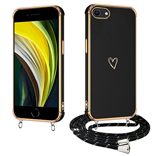 E-Lush Handykette für iPhone 7/ iPhone 8 Hülle mit Band, Handyhülle für iPhone SE 2020/ iPhone SE 2022 mit Kette Schutzhülle Herz Muster Galvanik Silikon Stossfest Case mit Kordel zum Umhängen Schwarz von E-Lush