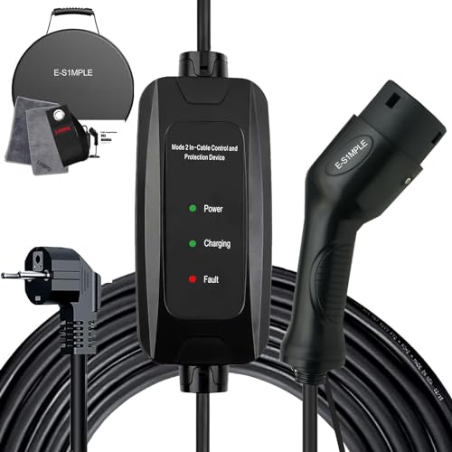 E-S1mple Ladekabel Elektroauto Typ 2 Schuko 3,68kW [ 5M, 16A, 1-phasig ] EV Ladegerät mit Anzeigeleuchte EV Charger mit Tragbare Tasche | Mikrofaserstoff | Kabelbinder, Kompatibel mit Allen PHEV/EV von E-S1mple