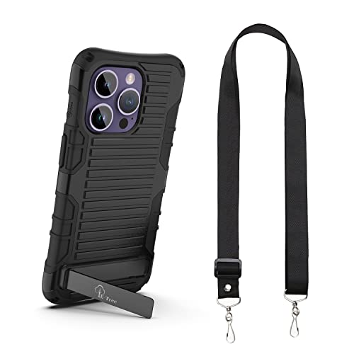 E-Tree Kompatibel mit iPhone 14 Pro Max Hülle, mit Crossbody-Gurt und Ständer, Schutz, stoßfeste Hartschalen-Handyhülle, schwarz, perfekt für draußen und ältere Kinder, 17 cm (6,7 Zoll) von E-Tree