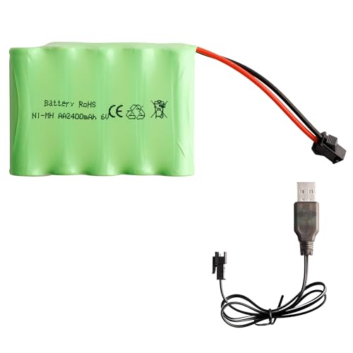 E-yiiviil 6V 2400MAH AA NiMH Akkupack mit SM-2P Schwarz 2 Pin Stecker und USB Ladekabel für RC Truck Cars Fahrzeuge 6V von E-YIIVIIL