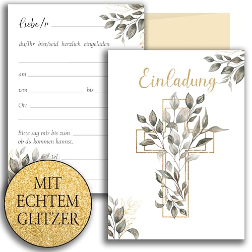 10 Einladungskarten mit Umschlag Einladung Glitzer zweiseitig Karten stilvoll kreuz Aquarell zart zur Taufe Kommunion Konfirmation Firmung Blättern Grün Beige Mädchen zum selbst gestalten Glitzer von E&G Klasse