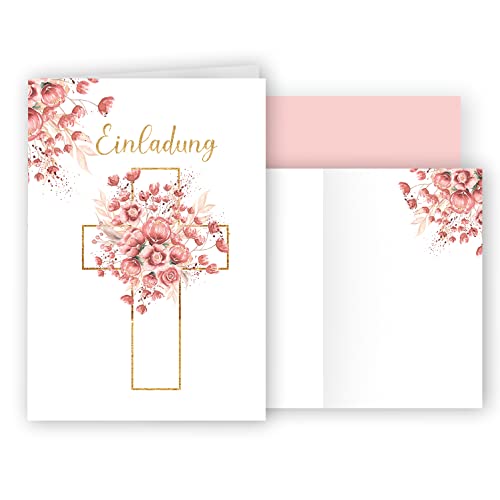 10 Einladungskarten mit Umschlag Einladung Klappkarten Karten stilvoll kreuz Aquarell zart zur Taufe Kommunion Konfirmation Firmung Rosa Rosen Blüten Gold Mädchen zum selbst gestalten von E&G Klasse