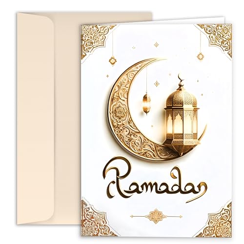 10 Ramadan Kareem Klappkarten mit Umschlag Grusskarten Ramadan Mubarak Eid Mubarak Danksagungskarten Zuckerfest Feier Mond Laterne weiß gold von E&G Klasse