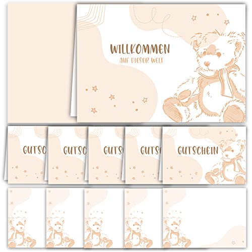 E&G Klasse 12 Teiliges Set - 1 Baby Glückwunschkarte mit Umschlag 5 Klapp Gutscheinen & 5 blanko Karten in A7 klein Aquarell mit Baby Bär zur Geburt Gutschein Set Karte von E&G Klasse