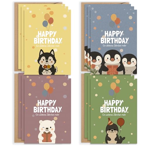 E&G Klasse 12x Geburtstagskarten Set Kinder Süße Tiere Grußkarten 4 Motive mit Umschlägen Kraftpapieroptik A6 Happy Birthday Karten Jungen Mädchen von E&G Klasse