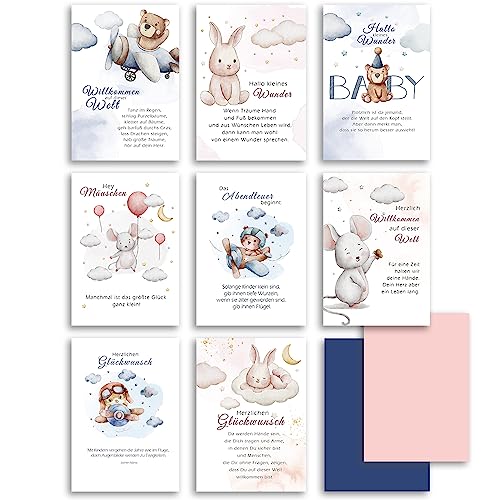 E&G Klasse 8 Baby Glückwunschkarte mit Umschlag in Rosa und Blau Aquarell mit Bärchen Häschen Mäuschen uvm Baby zur Geburt Karten Set Karte Geschenk Junge Mädchen von E&G Klasse
