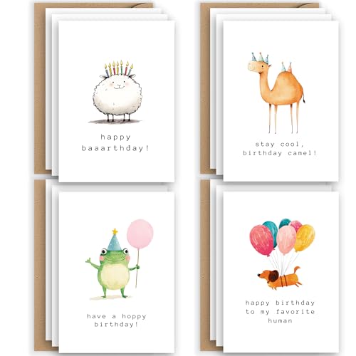 Geburtstagskarte Glückwunschkarten Postkarten Set mit 12 Geburtstagskarten mit Kraftpapier Optik Umschlägen Süßen Tieren Kamel Frosch Schaff Hund mit lustigen Sprüchen und Happy Birthday bedruckt von E&G Klasse