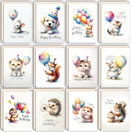 Geburtstagskarte Glückwunschkarten Postkarten Set mit 12 Geburtstagskarten mit Umschlägen Süßen Tieren Maus Eichhörnchen Hunden Katzen Igel Hase Löwe Affe Hamster mit Happy Birthday bedruckt von E&G Klasse