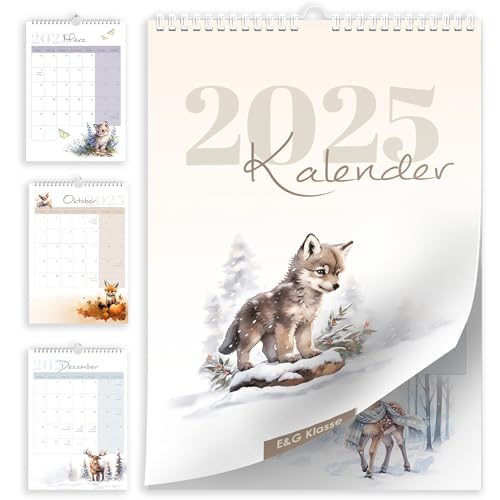 Kalender Wandkalender Monatskalender 2025 in A4 Aqaurell Waldtieren Tiere mit KW ´s Feiertagen und Ferienplan/Ferienübersicht viel Platz zum beschreiben Monate Familien Kinder Planer 21x30 cm von E&G Klasse