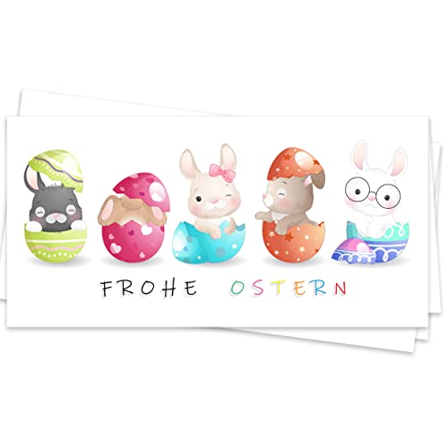 Osterkarten Set 10 Stück aufklappbar Frohe Ostern Grußkarten Klappkarten lang mit süßen Hasen Blumen Eiern Happy Easter Oster Karten Kartenset hochwertig geschäftlich von E&G Klasse