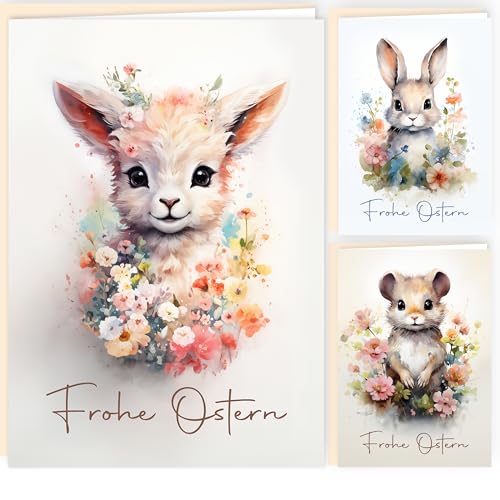 Osterkarten mit Umschlag Sanfte Ostergrüße 12er-Set aufklappbare Frohe Ostern Grußkarten im A6 Format Klappkarten mit Hasen Schaf Maus aquarell Frohe Ostern Kartenset Umschlag hochwertig von E&G Klasse