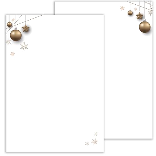 Weihnachtsbriefpapier Briefpapier/Briefumschlag Set mit Goldenen Kugeln bedruckt 2 seitig A4 120 g/m² c6 80 g/m² von 10 bis 100 Blatt mit Umschlägen Kuvert (25 Briefpapier OHNE Umschläge) von E&G Klasse