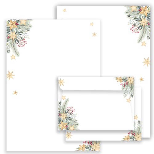 Weihnachtsbriefpapier Briefpapier/Briefumschlag Set mit grünen Zweigen und Sternen bedruckt 2 seitig A4 120 g/m² c6 80 g/m² von 10 bis 50 Blatt mit Kuvert 20 Briefpapier MIT 10 Umschlägen von E&G Klasse