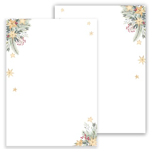 Weihnachtsbriefpapier Briefpapier/Briefumschlag Set mit grünen Zweigen und Sternen bedruckt 2 seitig A4 120 g/m² c6 80 g/m² von 10 bis 50 Blatt mit Umschlägen Kuvert (50 Briefpapier OHNE Umschläge) von E&G Klasse