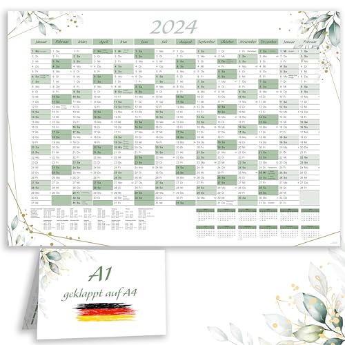 XXL Jahreskalender 2024 + Januar & Februar 2025 Jahresplaner in A1 im schönen Eukalyptus Blätter Design mit Ferien und Feiertagen Wandkalender Wandplaner Kalender Planer gefaltet gefalzt von E&G Klasse