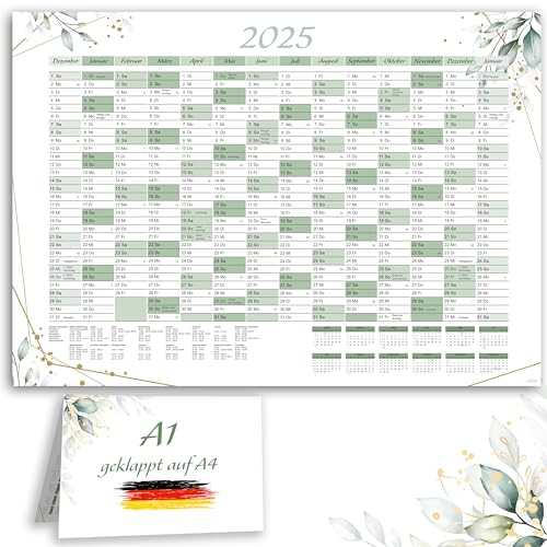 XXL Jahreskalender 2025 + Januar 2026 Jahresplaner in A1 im schönen Eukalyptus Blätter Design mit Ferien und Feiertagen Wandkalender Wandplaner Kalender Planer gefaltet gefalzt von E&G Klasse