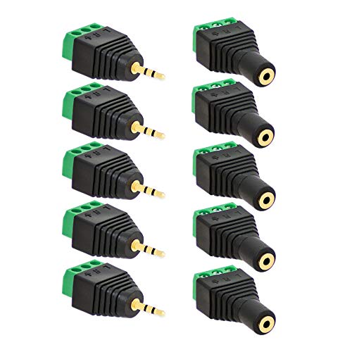 5x Klinken Stecker + 5x Buchsen 2,5mm Adapter > Terminalblock 3 Pin Schraub Klemme Set von E.T
