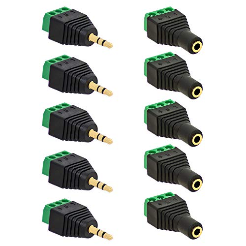 5x Klinken Stecker + 5x Buchsen 3,5mm Adapter > Terminalblock 3 Pin Schraub Klemme Set von E.T