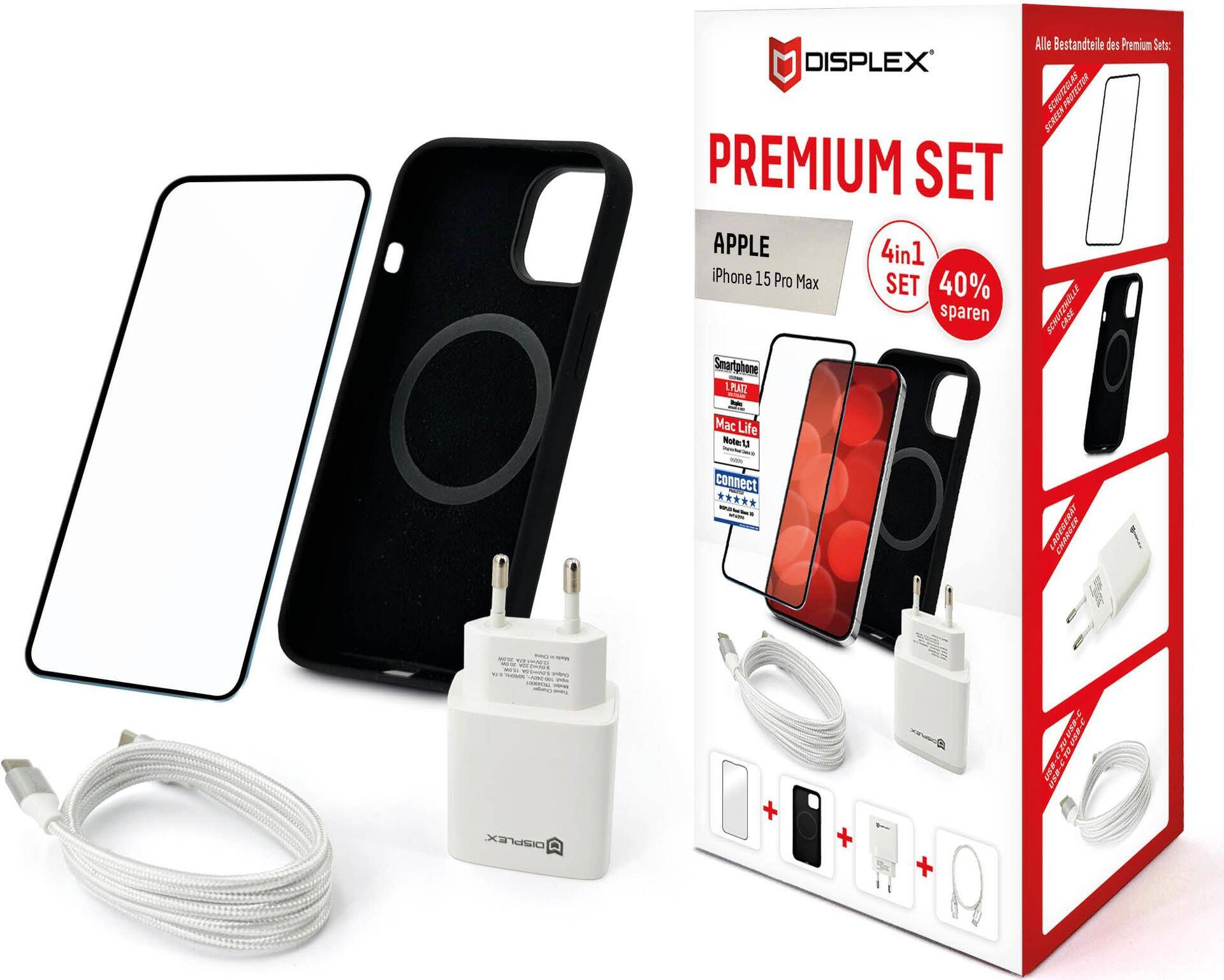 Displex Premium 4 in 1 Set für Apple iPhone 15 Pro Max - Transparent - Schwarz - Weiß - 244 g - 70 mm - 95 mm - 200 mm - USB Typ-C auf USB Typ-C (01871) von E.V.I.