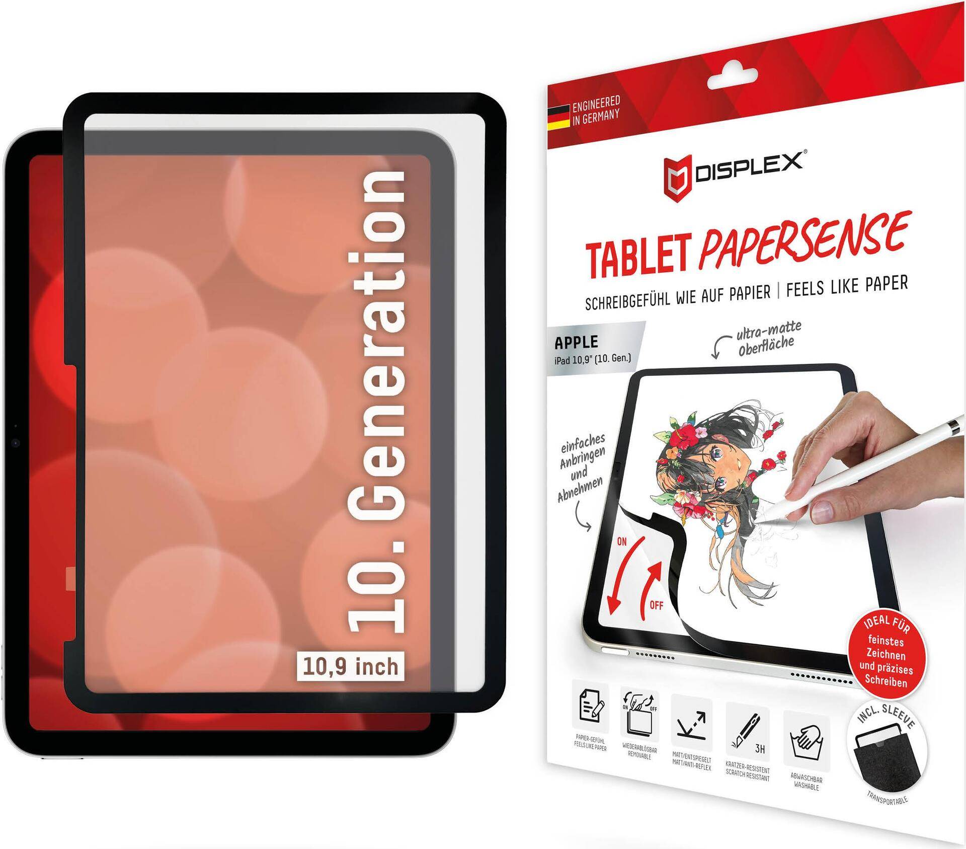 Displex TABLET PAPERSENSE für iPad 10,9 (10. Gen.), wiederablösbare Schreibfolie und Zeichenfolie mit Paper Feeling. Displayschutzart: Papierähnliche Schutzfolie für den Bildschirm, Maximale Bildschirmgröße: 27,7 cm (10.9), Oberflächenlackierung: Matt, Härte: 3H, Markenkompatibilität: Apple, Kompatibilität: iPad 10,9 (10. Gen.). Menge pro Packung: 1 Stück(e) (01887) von E.V.I.