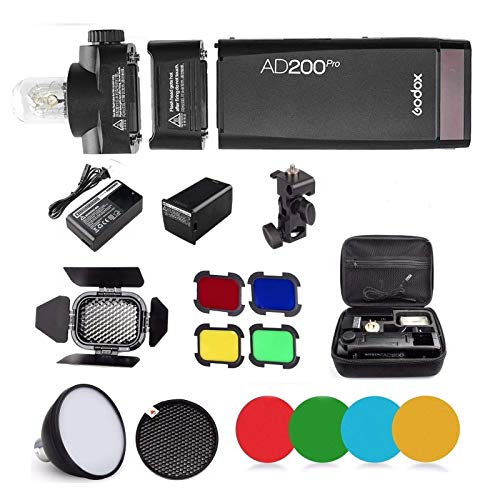 Godox AD200 Pro AD200Pro Flash Strobe Speedlight 200 Ws 2,4 G, 1/8000 HSS, 500 Blitze mit voller Leistung, 0,01-1,8 s Recycling, 2900 mAh Akku, Bare Bulb/Fresnel-Blitzkopf mit BD-07, Reflektor von EACHSHOT