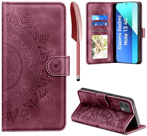 EASDNB Handyhülle für Xiaomi Redmi Note 13 4G Hülle Flip Wallet Premium PU Leder Tasche Case [Kartenfach] [Magnet] [Standfunktion] Klapphülle Schutzhülle für Xiaomi Redmi Note 13 4G, Weinrot von EASDNB
