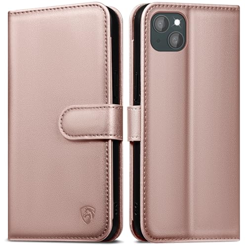 EASDNB Handyhülle für iPhone 14 hülle[6 Kartenfächer][RFID Blocker][Standfunktion] Klapphülle Lederhülle für iPhone 14 Stoßfeste Schutzhülle,Roségold von EASDNB