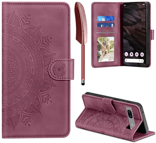 EASDNB Lederhülle für Google Pixel 7A, Flip Wallet PU Leder Case [Kartenfach] [Magnet] [Standfunktion] Prägung Klapphülle Schutzhülle für Google Pixel 7A, Weinrot von EASDNB