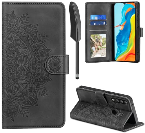 EASDNB Lederhülle für Huawei P30 Lite, Flip Wallet PU Leder Case [Kartenfach] [Magnet] [Standfunktion] Prägung Schwarz von EASDNB