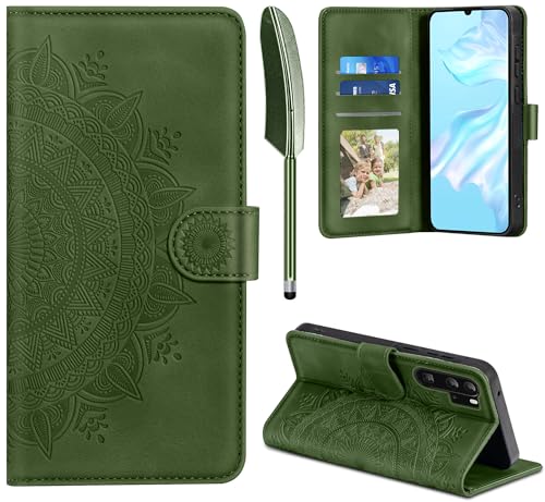 EASDNB Lederhülle für Huawei P30 Pro Hülle, Handyhülle für P30 Pro Flip Wallet PU Leder Case [Kartenfach] [Magnet] [Standfunktion] Prägung Klapphülle Schutzhülle für Huawei P30 Pro, Grasgrün von EASDNB