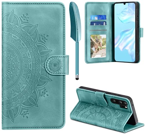 EASDNB Lederhülle für Huawei P30 Pro Hülle, Handyhülle für P30 Pro Flip Wallet PU Leder Case [Kartenfach] [Magnet] [Standfunktion] Prägung Klapphülle Schutzhülle für Huawei P30 Pro, Grün von EASDNB