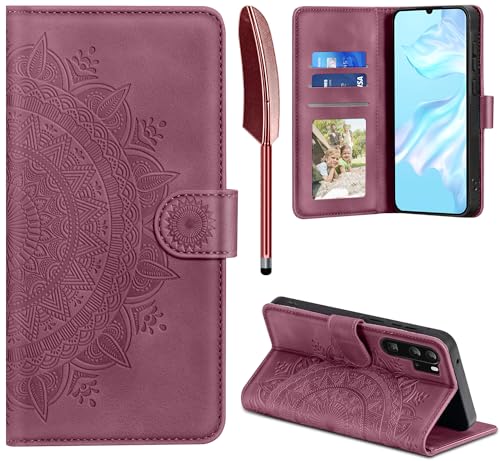 EASDNB Lederhülle für Huawei P30 Pro Hülle, Handyhülle für P30 Pro Flip Wallet PU Leder Case [Kartenfach] [Magnet] [Standfunktion] Prägung Klapphülle Schutzhülle für Huawei P30 Pro, Weinrot von EASDNB