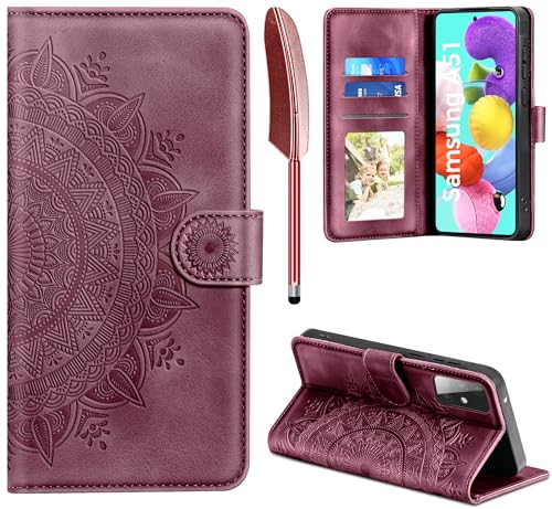 EASDNB Lederhülle für Samsung Galaxy A51, Flip Wallet PU Leder Case [Kartenfach] [Magnet] [Standfunktion] Prägung Klapphülle Schutzhülle für Samsung A51, Weinrot von EASDNB