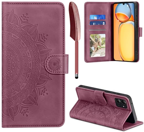 EASDNB Lederhülle für Xiaomi Redmi 13C Hülle, Handyhülle für Redmi 13C/ Poco C65 Flip Wallet PU Leder Case [Kartenfach] [Magnet] [Standfunktion] Prägung Klapphülle Schutzhülle für Redmi 13C, Weinrot von EASDNB
