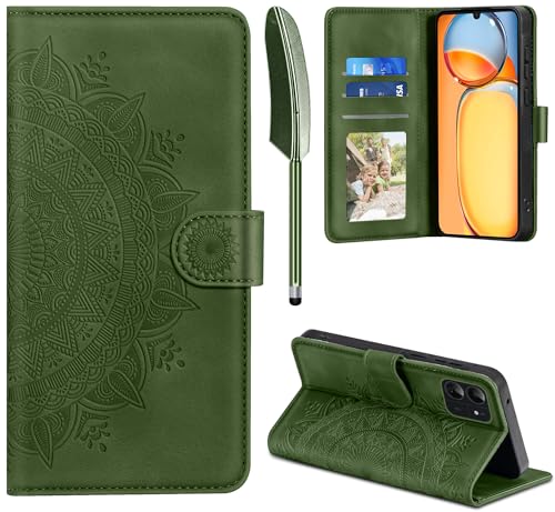 EASDNB Lederhülle für Xiaomi Redmi 13C Hülle, Handyhülle für Redmi 13C/ Poco C65 Flip Wallet PU Leder Case [Kartenfach] [Magnet] [Standfunktion] Prägung Klapphülle Schutzhülle für Redmi 13C, Grasgrün von EASDNB