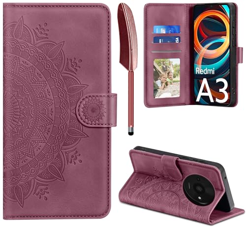 EASDNB Lederhülle für Xiaomi Redmi A3 Hülle, Handyhülle für Redmi A3 Flip Wallet PU Leder Case [Kartenfach] [Magnet] [Standfunktion] Prägung Klapphülle Schutzhülle für Redmi A3 4G (6.71"),Weinrot von EASDNB