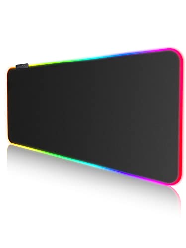 EASEMO Gaming Mauspad, XXL groß (800 x 300 x 4 mm) RGB Mousepad, 7 LED-Farben und 10 voreingestellte Lichteffekte, wasserdichte Stoffoberfläche und rutschfeste Gummiunterseite von EASEMO