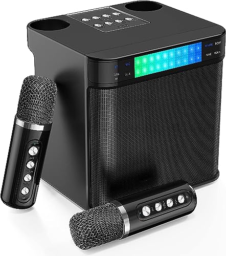 Karaoke Anlage mit 2 Mikrofonen, Bluetooth Karaoke Maschine Lautsprecher Tragbares PA Anlage mit Colorful Light/USB/TF-Karte/AUX-In,für Heimparty,Hochzeit,Kirche,Picknick,Outdoor (Schwarz) von EASJOY