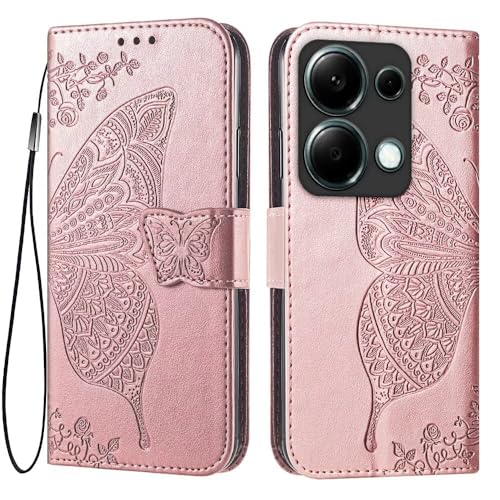 EASSGU Leder Handyhülle für Redmi Note 13 Pro 4G / Poco M6 Pro 4G (6.67" Inches) Flip-Folio Magnetische Hülle mit 3 Kartenfach, 1 Wallet, Sturzfeste, Kratzfeste Case - Roségold von EASSGU