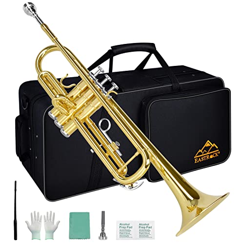 EASTROCK Standard Trompeten Set Standard-Bb-Messing Trompete Mit Hartschale, Handschuhen, Stoff,7C Trompete Mundstück, Trompeten für Anfänger und Schüler (Gold) von EASTROCK