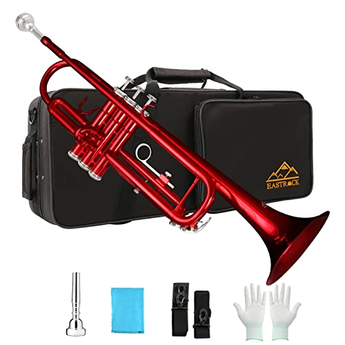 EASTROCK Standard Trompeten Set Standard-Bb-Messing Trompete Mit Hartschale, Handschuhen, Stoff,7C Trompete Mundstück, Trompeten für Anfänger und Schüler (Rot) von EASTROCK