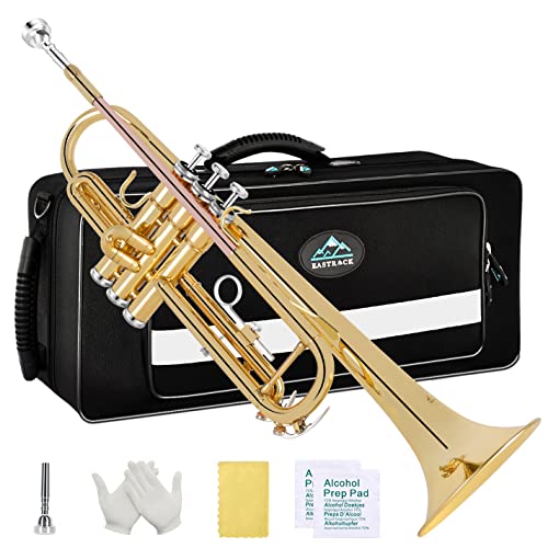 EASTROCK Trompete Bb, Standard-Trompeten-Set mit Tragetasche, Handschuhen, 7C-Mundstück, Reinigungsset, Stimmstab (GOLD/Phosphorkupfer) von EASTROCK
