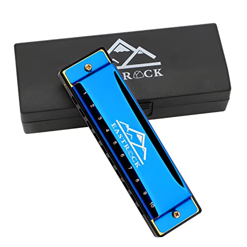 EastRock Blues Mundharmonika mit 10 Löchern, mit Harmonikabox, geeignet für Profis und Amateure, Studenten und Erwachsene, Blau von EASTROCK