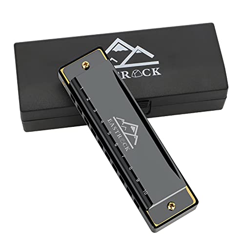 EastRock Blues Mundharmonika mit 10 Löchern, mit Harmonikabox, geeignet für Profis und Amateure, Studenten und Erwachsene, Schwarz von EASTROCK